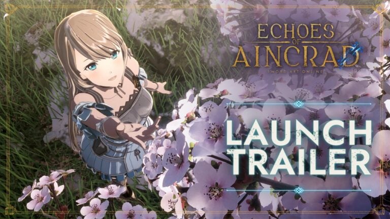 Image promotionnelle du trailer de lancement de Echoes of Aincrad, jeu vidéo basé sur Sword Art Online, avec un personnage d'anime dans un décor naturel.