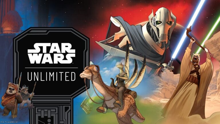 Image promotionnelle de Star Wars Unlimited montrant des personnages emblématiques et des créatures de l'univers Star Wars dans un style artistique vibrant.