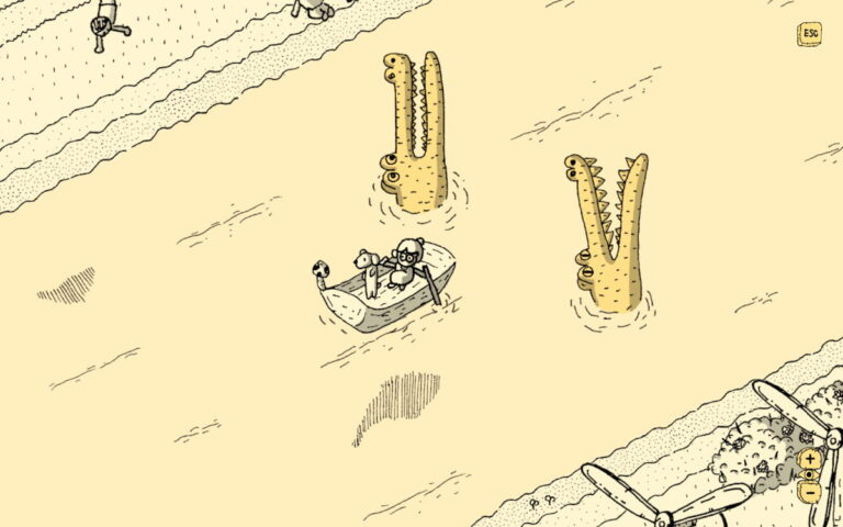 Illustration de Polka et ses amis dans un désert avec deux cactus géants et un bateau flottant sur le sable.