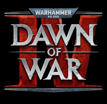 Logo du jeu vidéo Warhammer 40,000 Dawn of War IV, mettant en avant le titre et le logo officiel du jeu.
