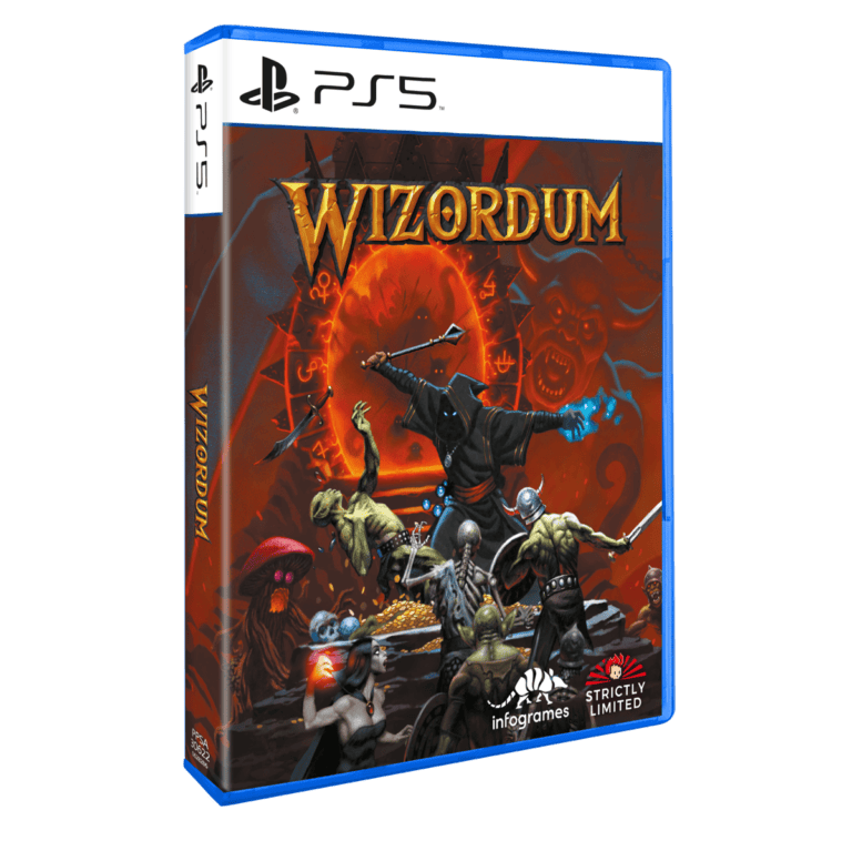 Jeu Wizordum pour PlayStation 5 avec couverture illustrée de personnages fantastiques et un sort magique en arrière-plan.