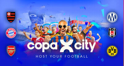 Image promotionnelle de Copa City avec des joueurs de football, mascottes et logos de clubs célèbres comme Bayern Munich, Borussia Dortmund et Arsenal.