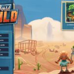 Capture d'écran de SteamWorld Build montrant deux personnages dans un environnement désertique avec des éléments de construction et un panneau d'affichage.