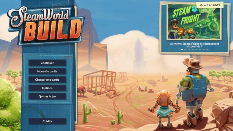 Capture d'écran de SteamWorld Build montrant deux personnages dans un environnement désertique avec des éléments de construction et un panneau d'affichage.