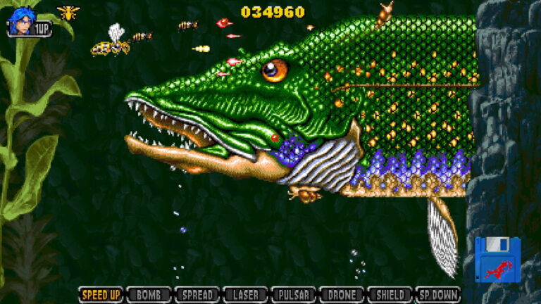 Capture d'écran du jeu vidéo Apidya montrant un crocodile dans un environnement de jungle dense, avec des éléments de gameplay en haut de l'écran.