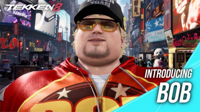 Personnage nommé Bob dans TEKKEN 8, costume coloré, dans un décor urbain animé.