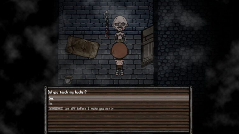 Personnage dans un jeu vidéo d'horreur face à un squelette dans une pièce sombre en pierre.