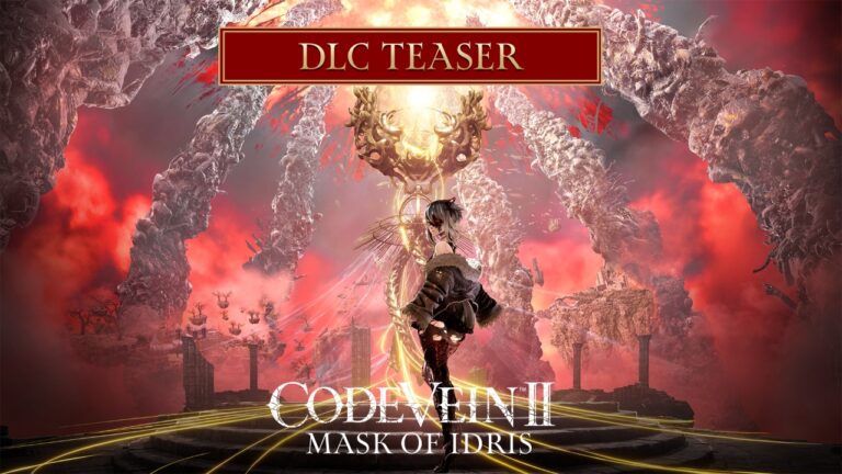 Image promotionnelle du DLC Mask of Idris pour CODE VEIN II, montrant un personnage face à une créature massive dans un décor apocalyptique.