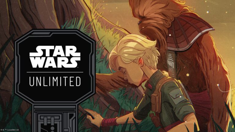 Affiche de Star Wars Unlimited avec un jeune héros et un Wookiee dans un décor forestier.
