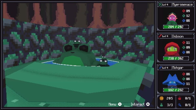 Capture d'écran du jeu Crystals Of Irm montrant une grenouille géante dans un environnement pixelisé.