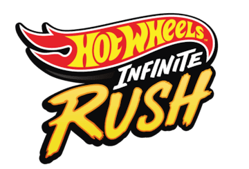 Logo du jeu Hot Wheels Infinite Rush avec le texte coloré et dynamique sur fond noir.