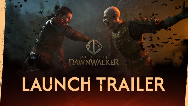 Capture d'écran de la bande-annonce de The Blood of Dawnwalker montrant deux personnages en combat dans un univers dark fantasy.