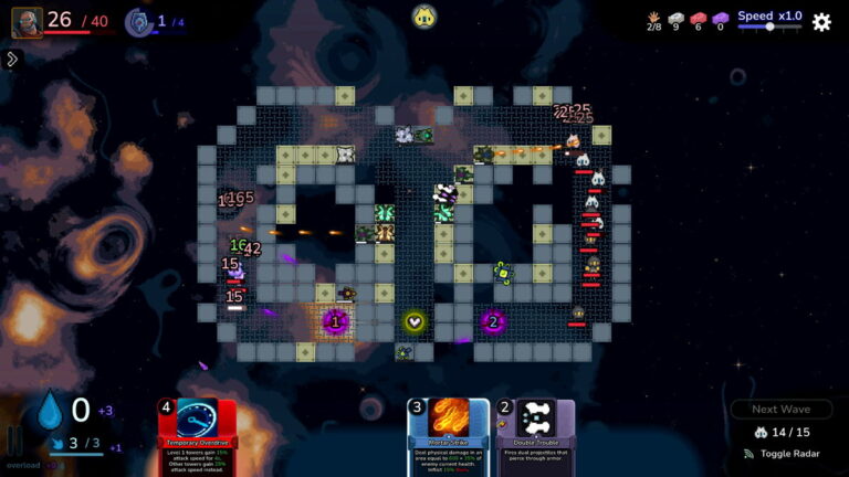 Capture d'écran d'un jeu vidéo de défense de tour avec des éléments de deckbuilding, des ennemis et des tours dans un environnement spatial.