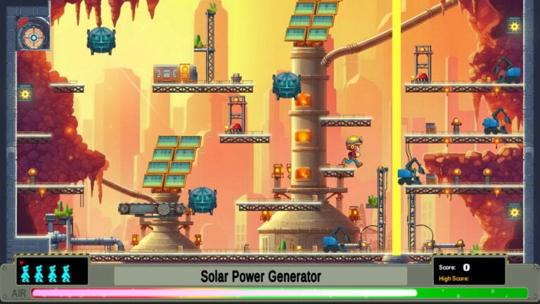 Capture d'écran du jeu vidéo Manic Miner avec un générateur d'énergie solaire dans un environnement industriel futuriste.