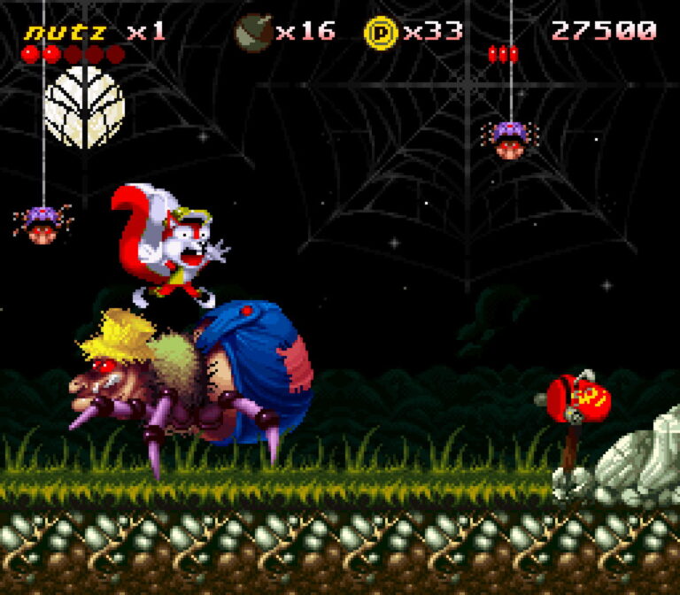 Capture d'écran du jeu vidéo Mr. Nutz et Mr. Nutz : Hoppin’ Mad avec un personnage en costume de Noël combattant des ennemis dans un décor nocturne.