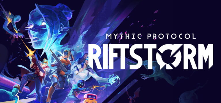 Affiche promotionnelle de RIFTSTORM montrant des personnages en action dans un univers fantastique futuriste.