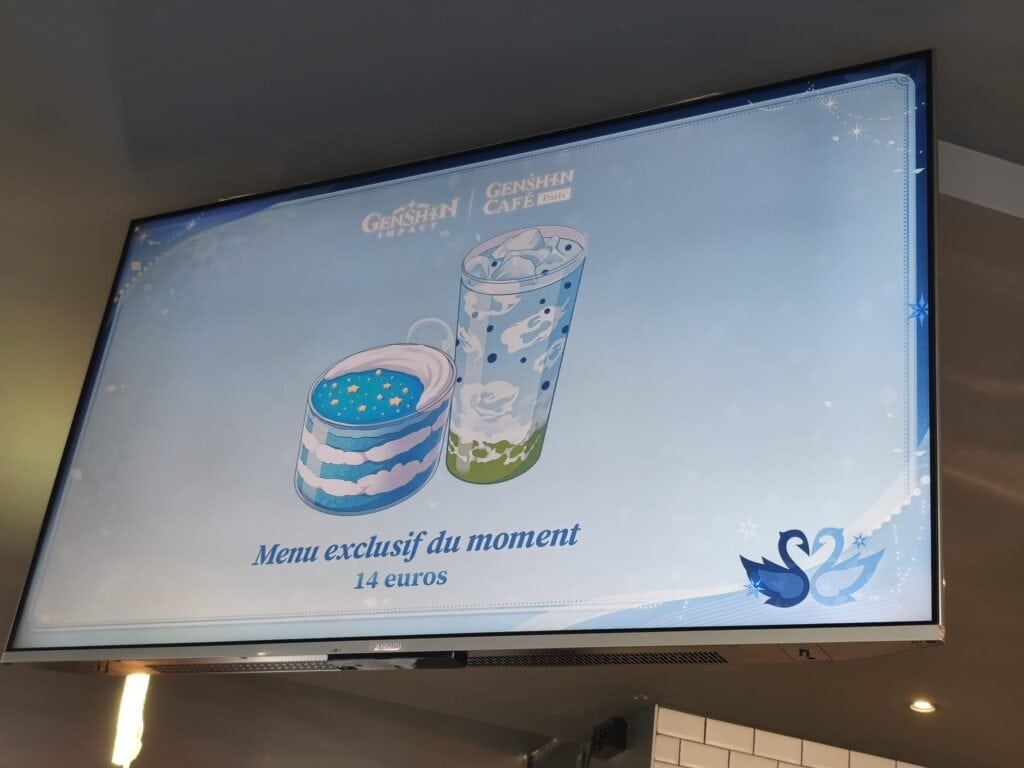 Affiche numérique présentant un menu exclusif du Genshin Café avec deux boissons illustrées, à Paris.