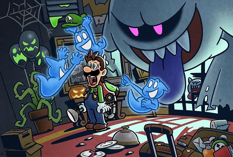 Illustration de Luigi dans un décor de maison hantée avec des fantômes et des monstres, évoquant l'ambiance du jeu Luigi's Mansion 3.