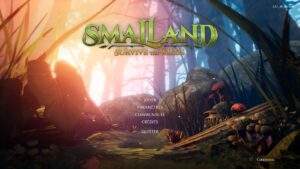 Capture d'écran du menu principal de Smalland: Survive the Wilds, jeu d'aventure en monde ouvert sur PC avec un environnement forestier coloré et immersif.
