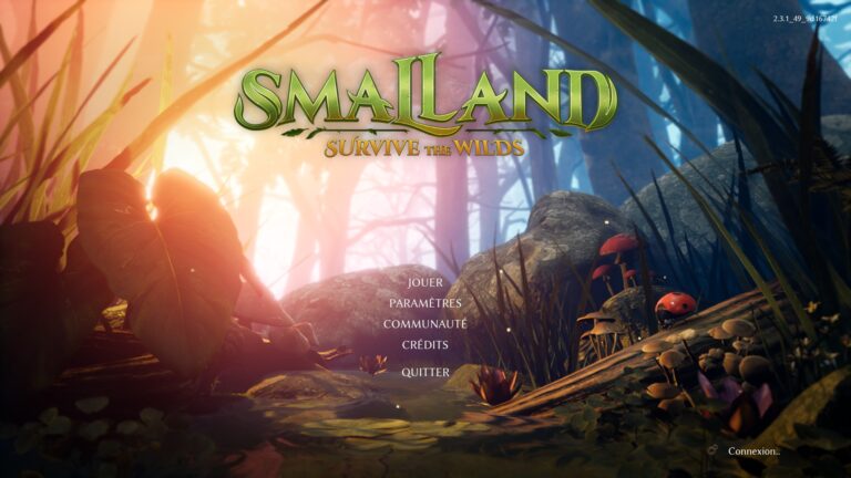 Capture d'écran du menu principal de Smalland: Survive the Wilds, jeu d'aventure en monde ouvert sur PC avec un environnement forestier coloré et immersif.