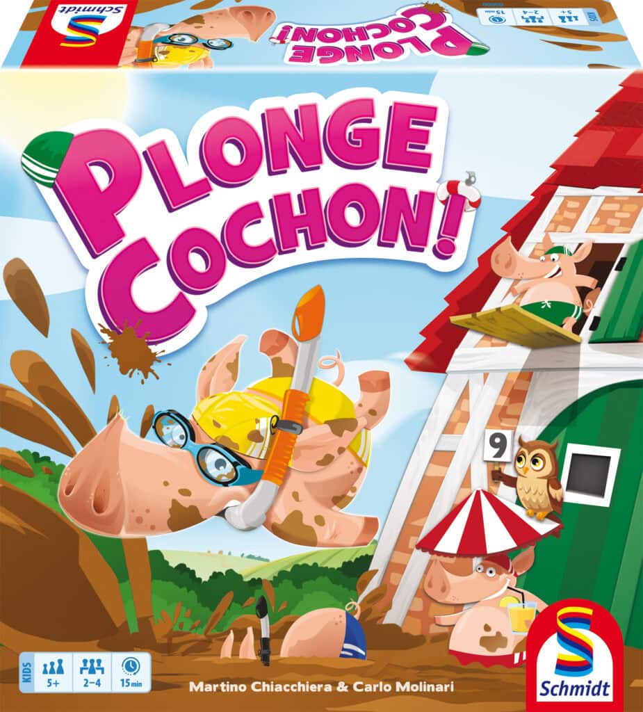Jeu de société Plonge Cochon avec cochon en maillot de bain, accessoires de plongée, et décor de ferme pour enfants.