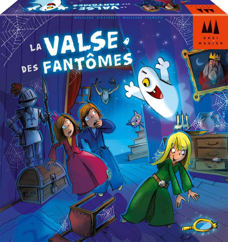 Illustration colorée d'un jeu de société intitulé La Valse des Fantômes avec des personnages fantomatiques et des enfants dans une pièce mystérieuse.