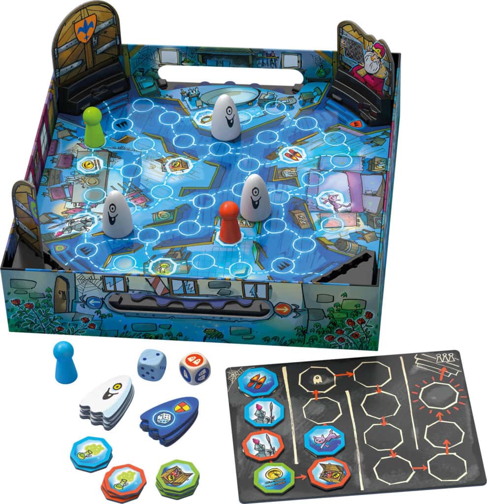 Plateau de jeu de société futuriste avec figurines colorées et cartes, ambiance high-tech pour les amateurs de jeux de stratégie et de science-fiction.