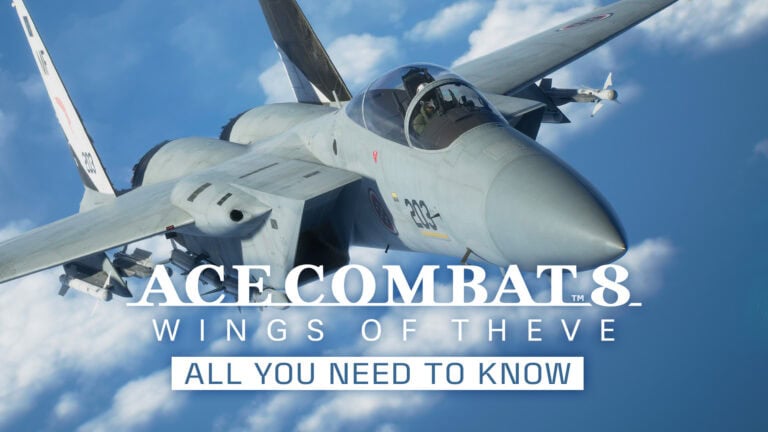 Avion de chasse F-16 Fighting Falcon en vol dans le ciel bleu, illustrant la puissance aérienne dans le contexte de ACE COMBAT 8.