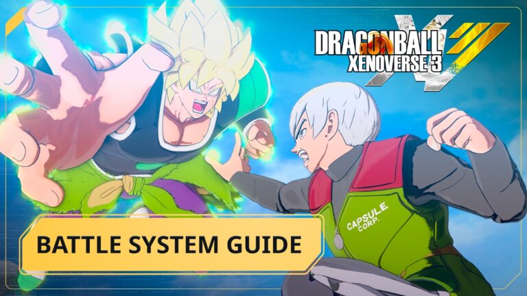 Personnages de Dragon Ball Xenoverse 3 en combat intense, illustration colorée avec Goku en Super Saiyan et un adversaire en face.