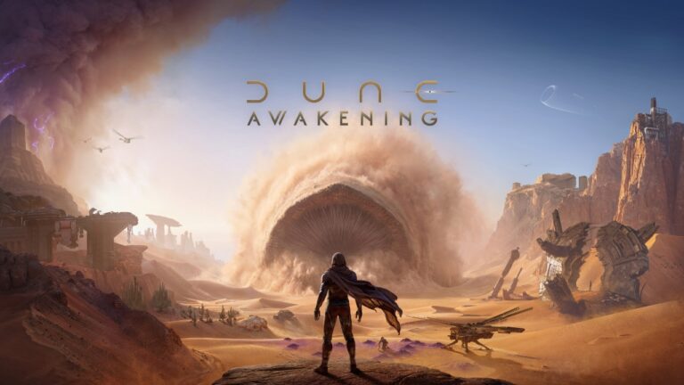 Personnage dans un paysage désertique avec tempête de sable, éléments futuristes et ruines, illustrant l'univers du jeu DUNE: AWAKENING.