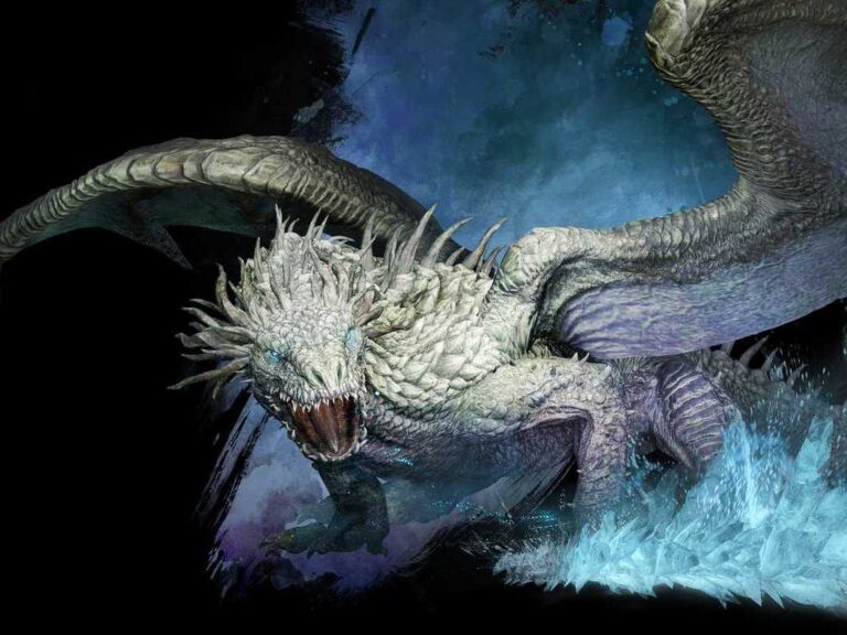 Créature fantastique de Dragon’s Dogma 2, un dragon blanc avec des ailes imposantes et une gueule ouverte, dans un décor aquatique sombre.