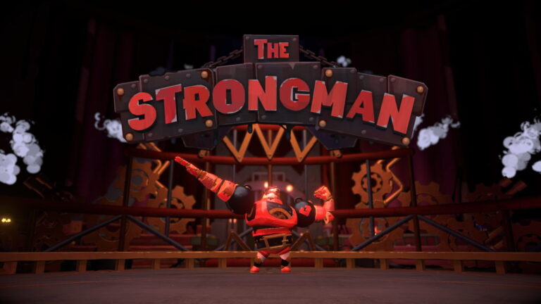 Personnage musclé en costume de forain sur scène, prêt à relever un défi de force dans un jeu vidéo d'adresse et de compétition.