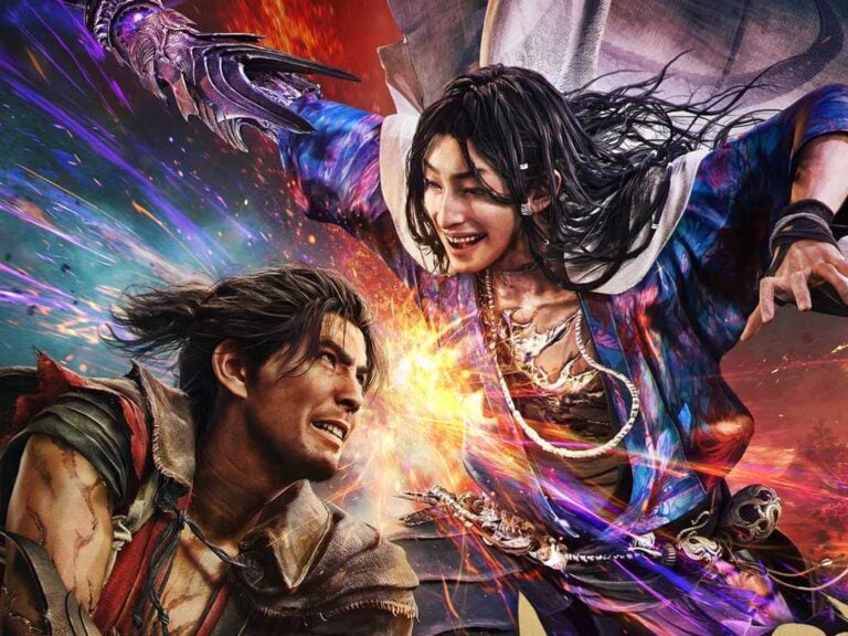 Artwork du jeu Onimusha: Way of the Sword montrant deux personnages en combat intense avec des effets de lumière et de magie.