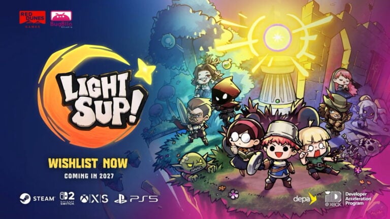 Illustration colorée de personnages de jeux vidéo et de créatures fantastiques pour LightSup! lors du Tokyo Game Show 2023.