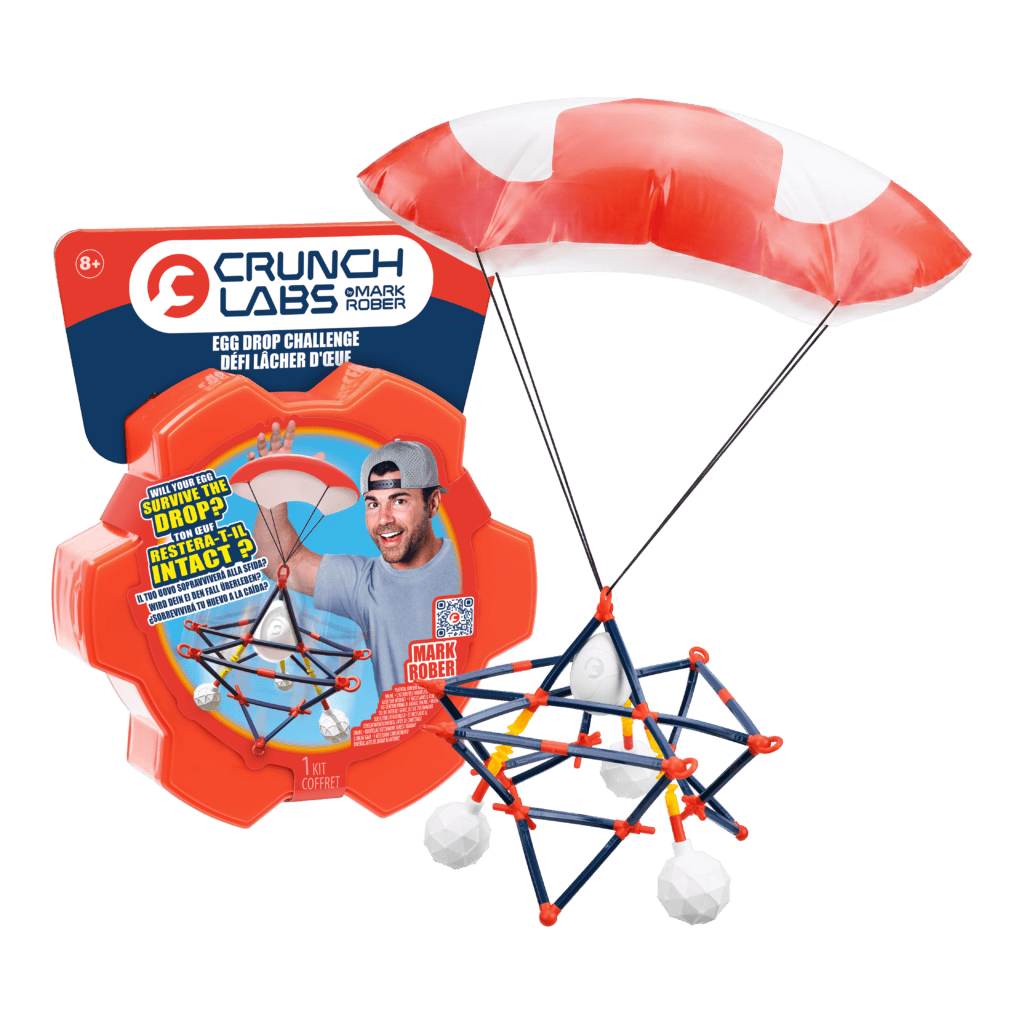 Jeu Crush Labs avec parapluie et structure en plastique pour défi de chute d'œuf, conçu pour tester la résistance et la science.