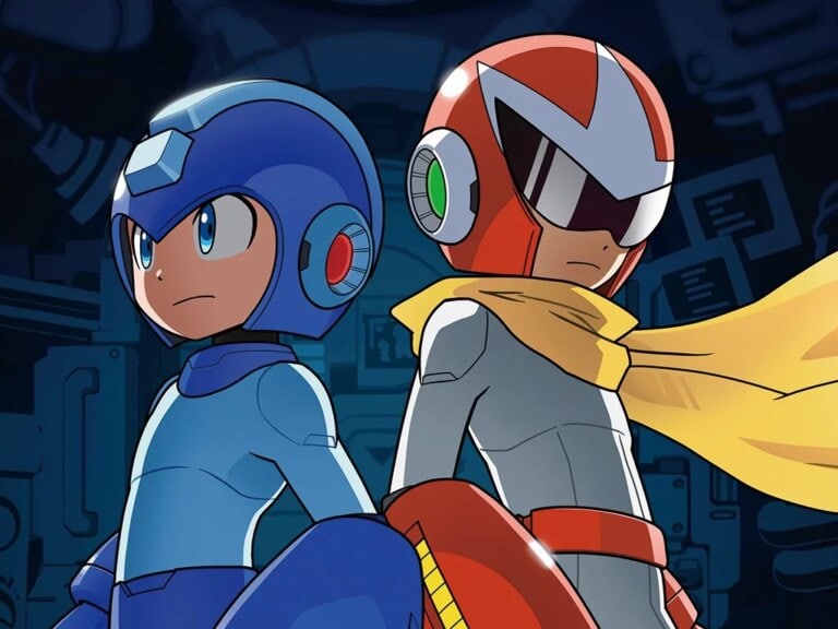 Image de deux personnages de Mega Man en armure futuriste, l'un en bleu et l'autre en rouge avec un casque et un masque de réalité virtuelle.