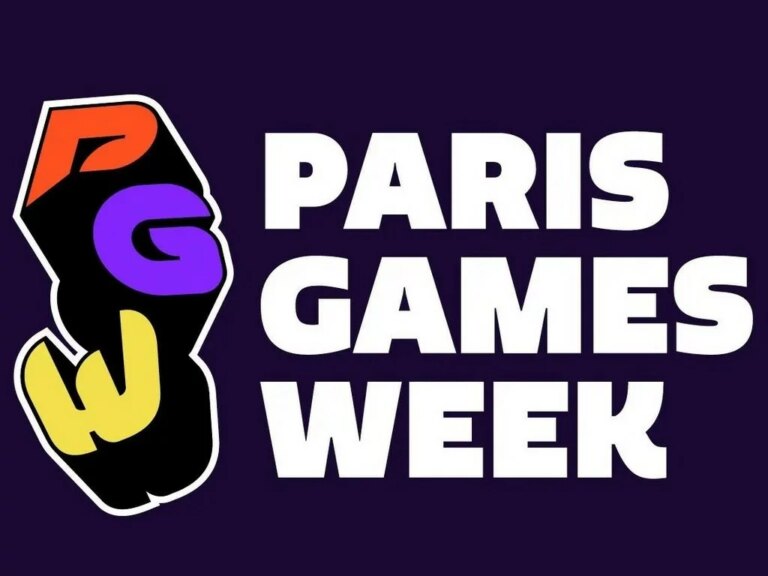 Logo officiel de la Paris Games Week 2026 avec le texte et un design coloré sur fond violet foncé.