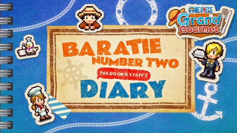 Image promotionnelle du jeu vidéo Grand Gourmet de One Piece, montrant des personnages pixelisés et un décor marin.