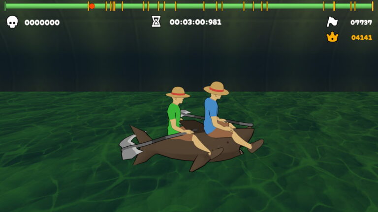 Capture d'écran du jeu Paddle Paddle Paddle montrant deux personnages en bateau sur une surface d'eau verte, jouant à un jeu de paddle.