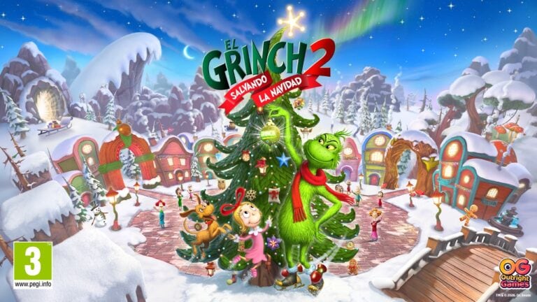 Image festive de Noël avec le Grinch et ses amis autour d'un sapin décoré dans un décor enneigé.