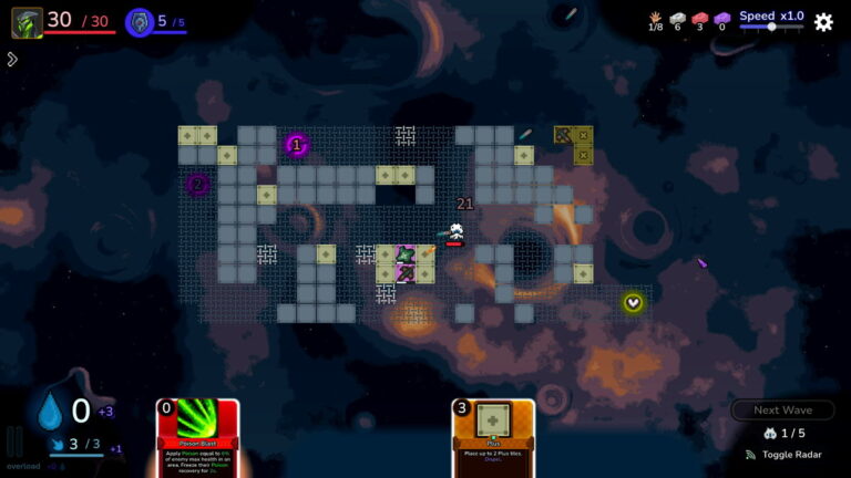 Capture d'écran du jeu Tower Tactics II montrant la disposition des tours et des ennemis dans un environnement spatial.