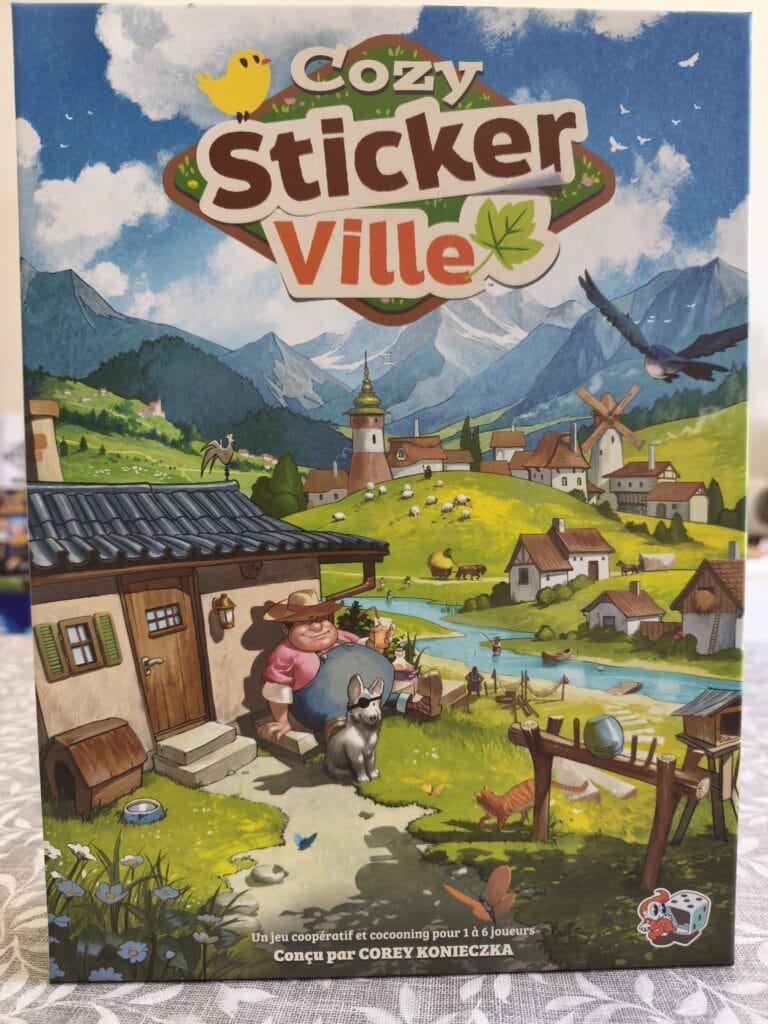 Illustration de Cozy Stickers Ville avec paysages de montagne, village, animaux et personnages dans un style coloré et accueillant.