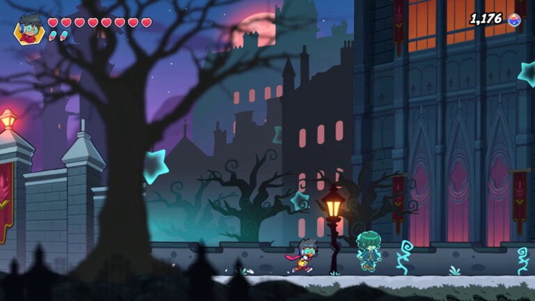 Capture d'écran d'un jeu vidéo dans un univers fantastique nocturne avec personnages colorés et décor urbain mystérieux.