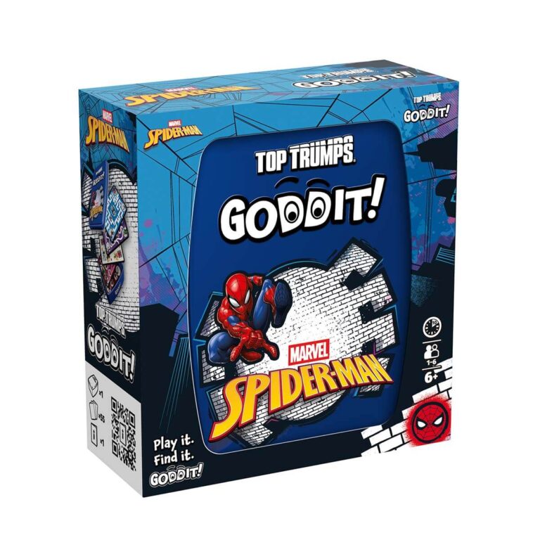 Jeu de société Marvel Spider-Man Top Trumps Goodie! avec Spider-Man en action sur la boîte, idéal pour les fans de jeux et de super-héros.