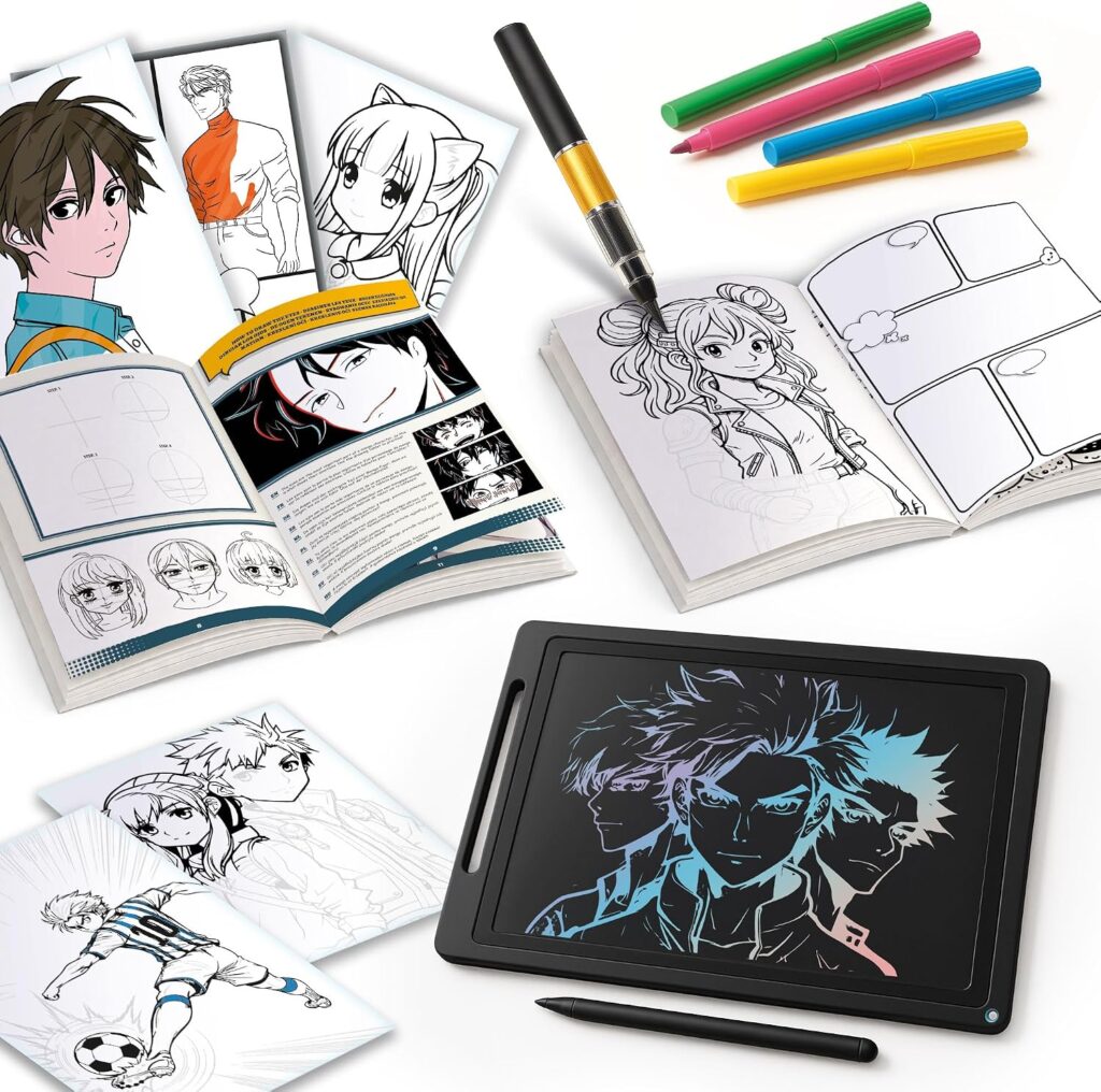 Kit de dessin comprenant des livres de coloriage, des marqueurs colorés, un stylet pour tablette et un carnet de croquis, idéal pour stimuler la créativité.