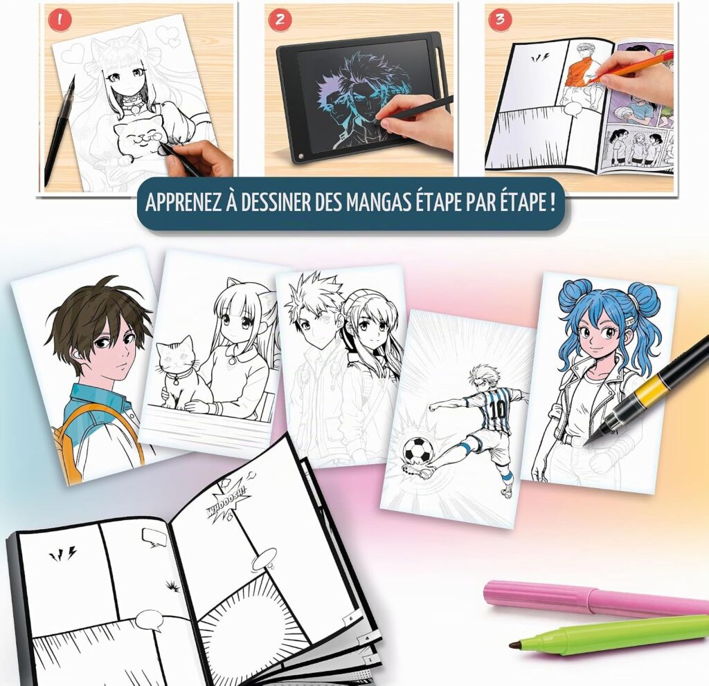Guide étape par étape pour dessiner des mangas avec des outils numériques et papier, incluant des exemples de personnages et de scènes.