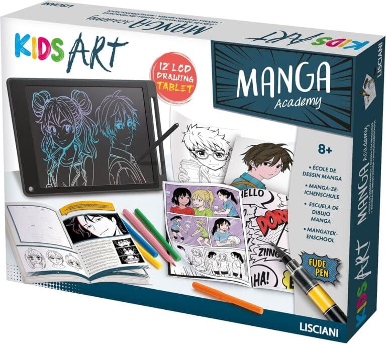 Kit de dessin pour enfants avec tablette LCD, feutres, livres de manga et accessoires pour stimuler la créativité.