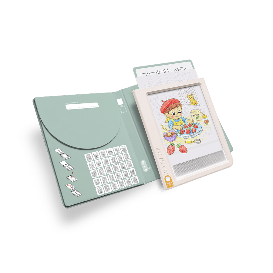 Livre interactif pour enfants avec écran tactile et illustrations colorées, idéal pour stimuler la créativité et l'apprentissage des jeunes.