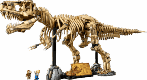 Modèle LEGO du Tyrannosaurus rex, représentant un dinosaure préhistorique en construction détaillée.
