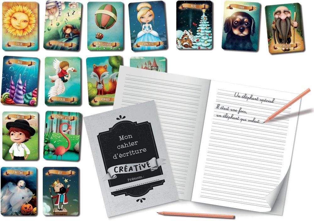 Cahier d'écriture créative avec illustrations de Noël, jouets et personnages fantastiques pour stimuler la créativité des enfants.